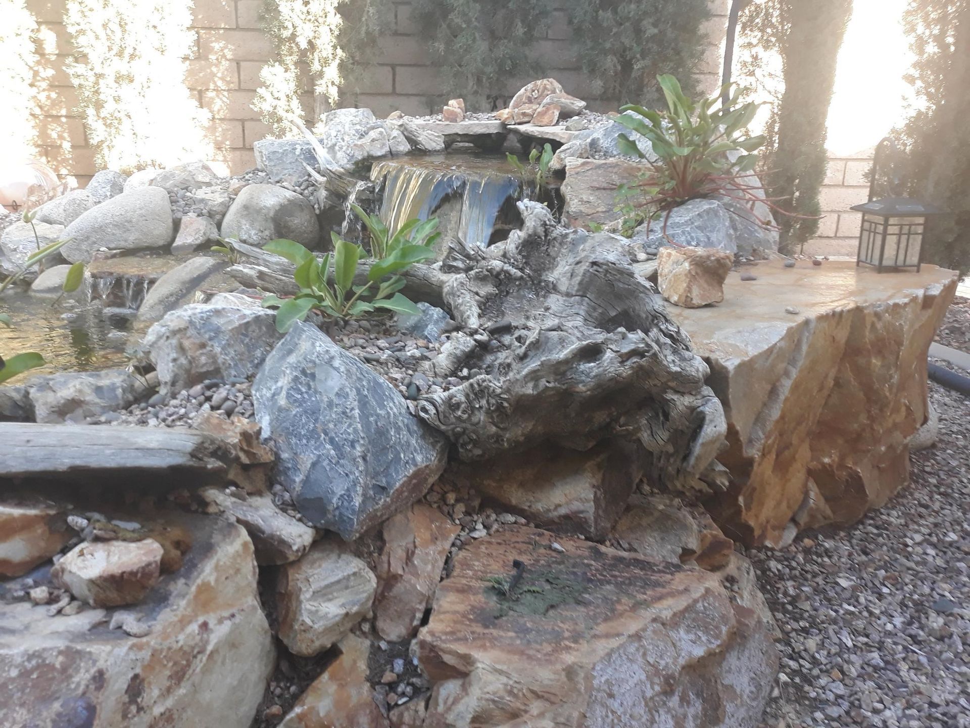 A rocky area with a pond in the middle of it