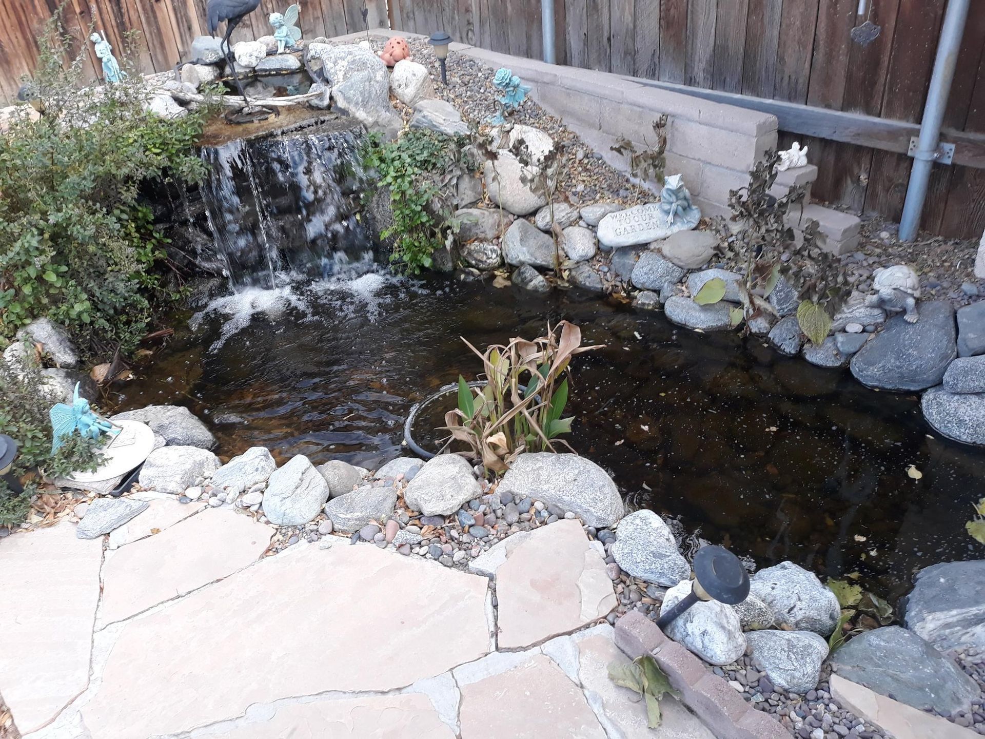 A pond with a waterfall in the middle of it