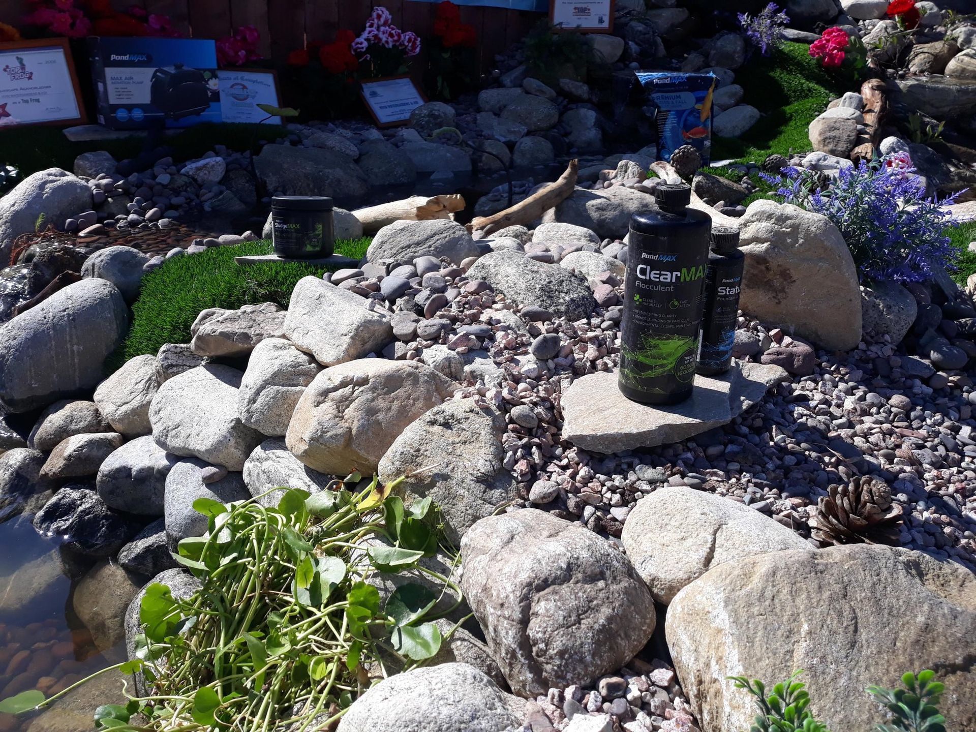 A bottle of shampoo is sitting on top of a pile of rocks.