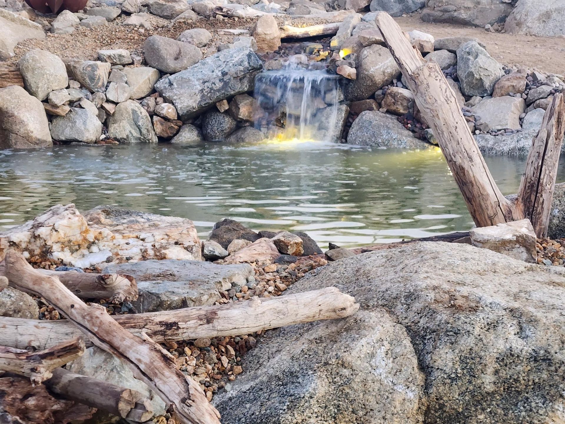 A small waterfall is surrounded by rocks and branches in a pond.