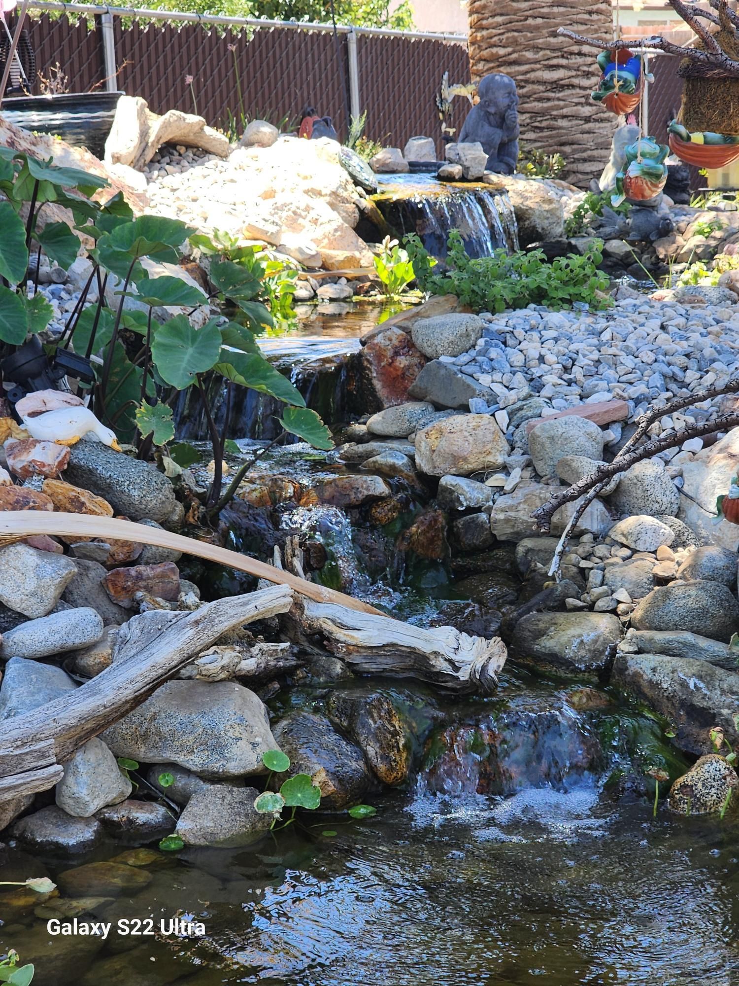 A waterfall is surrounded by rocks and plants in a garden.