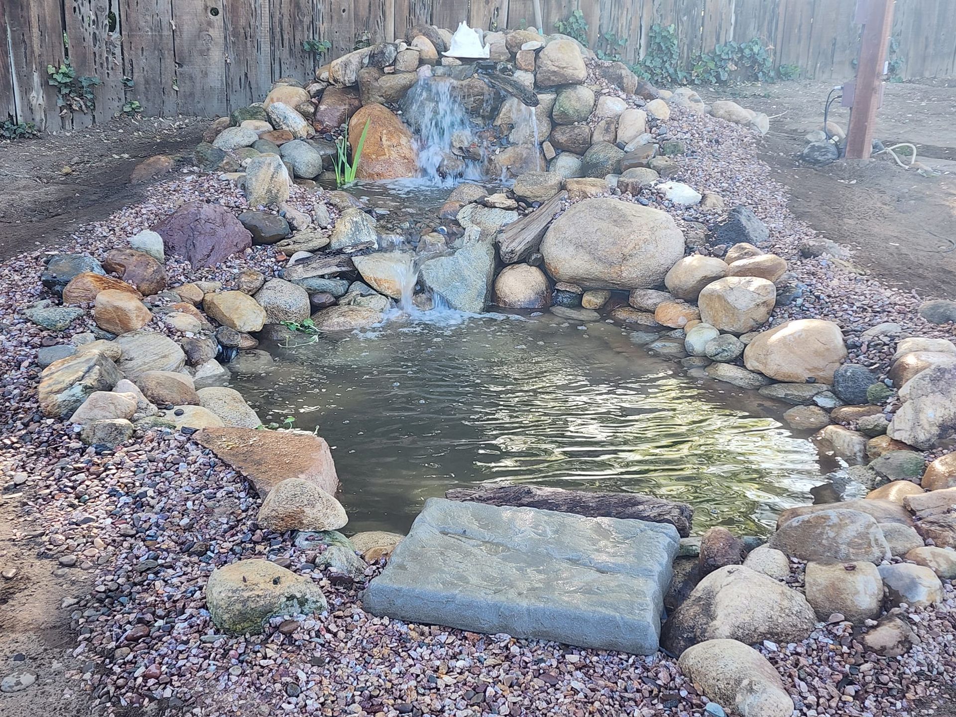 A small pond surrounded by rocks and a waterfall in a backyard.