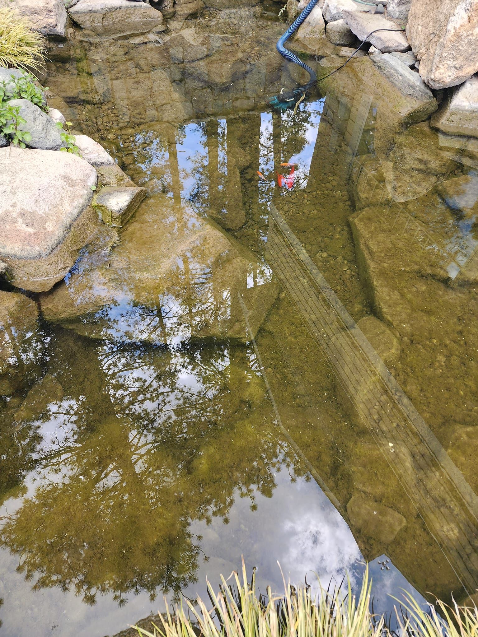 A pond filled with rocks and water with a hose in it.