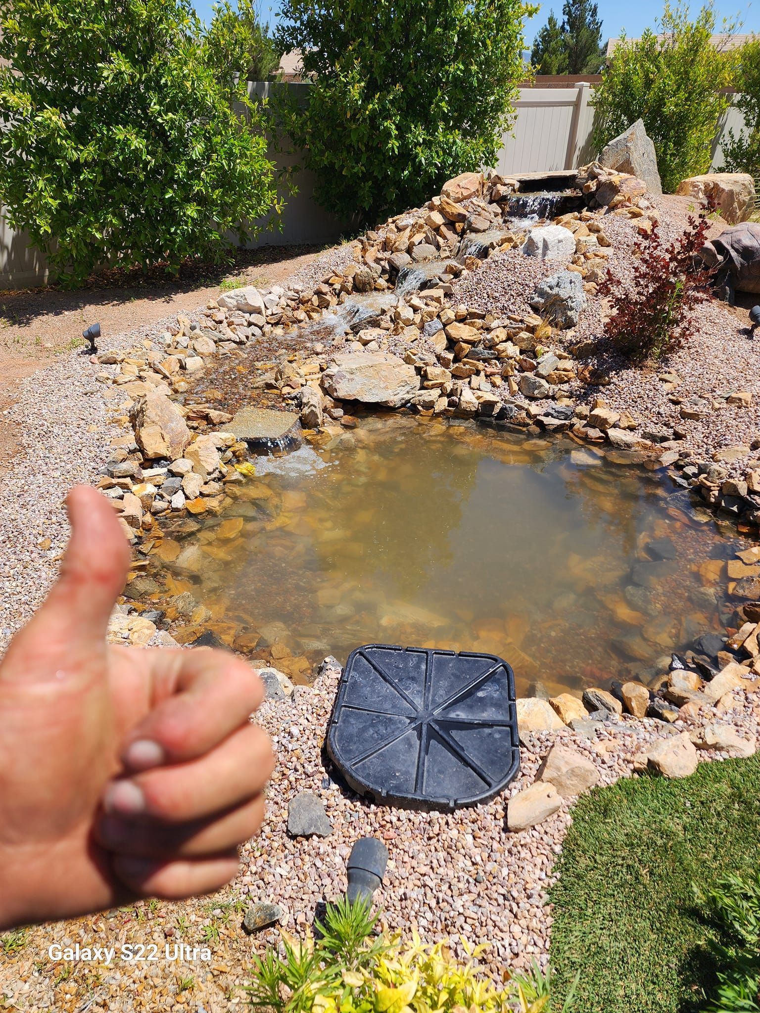 A person is giving a thumbs up in front of a pond.