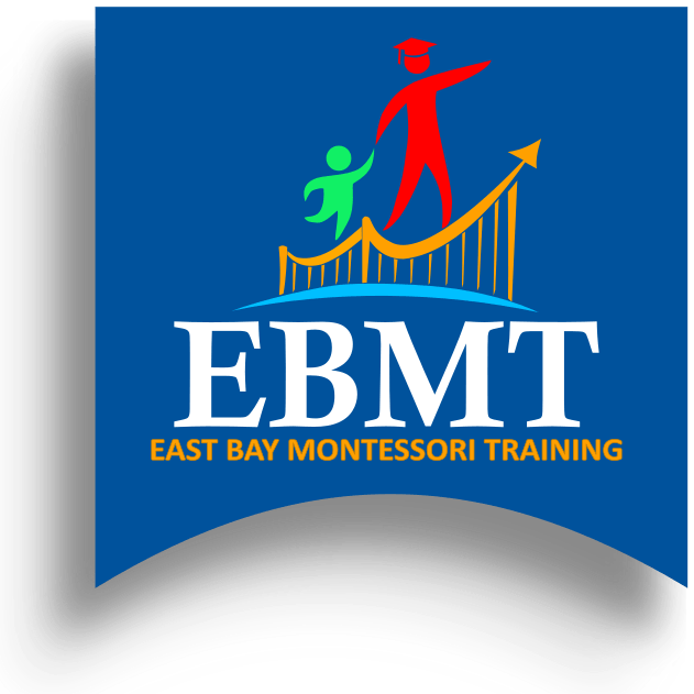 A blue logo for east bay montessori training