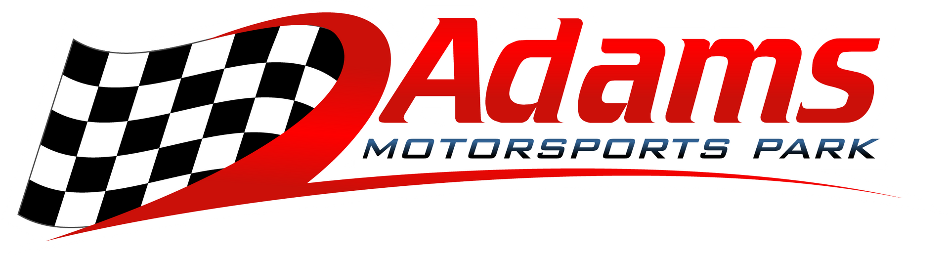 Logo for Adams Motorsports Park: a checkered flag and the name in red.
