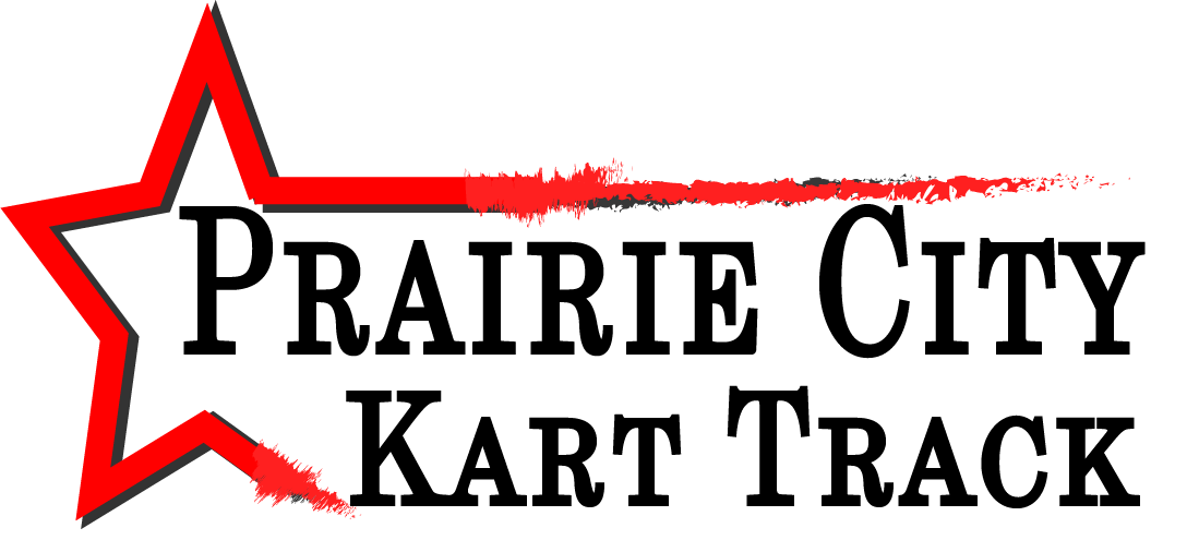 Logo for Prairie City Kart Track with a red star and text.