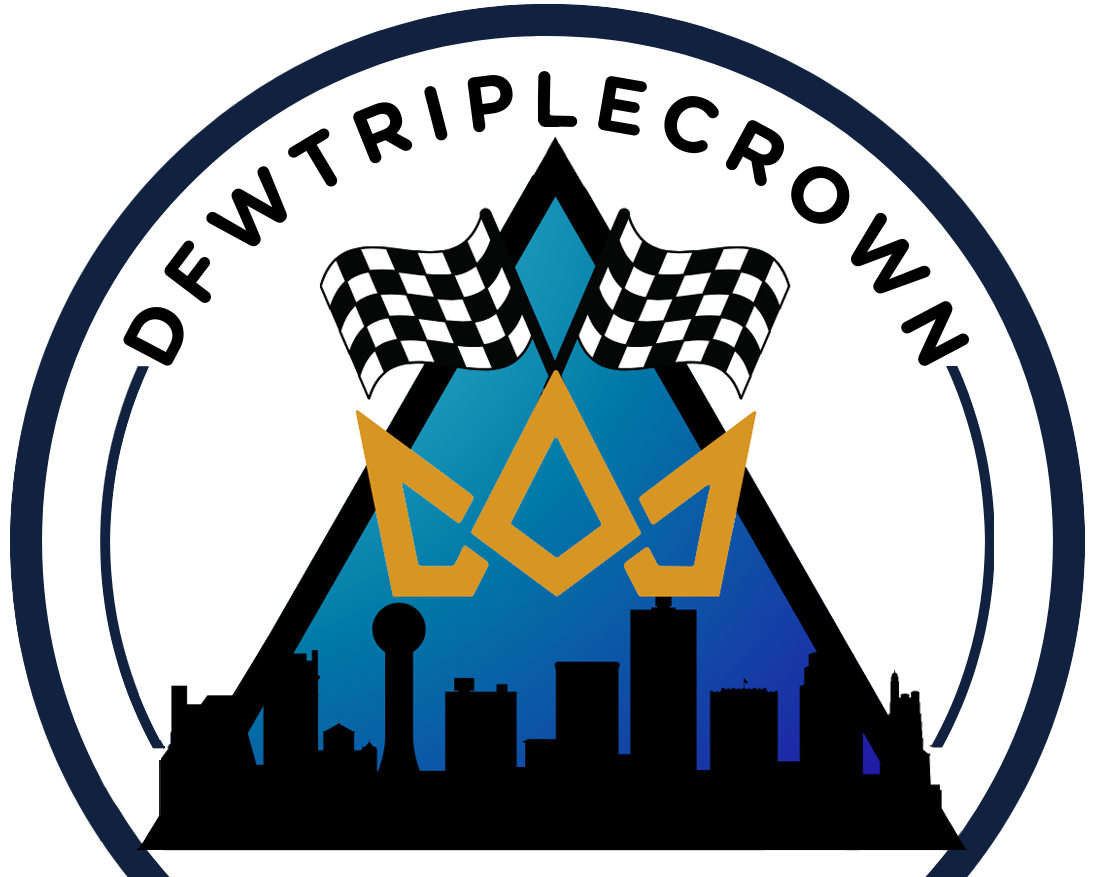 DFW Triple Crown logo: Blue circle, checkered flags, crown, skyline, and triangle.