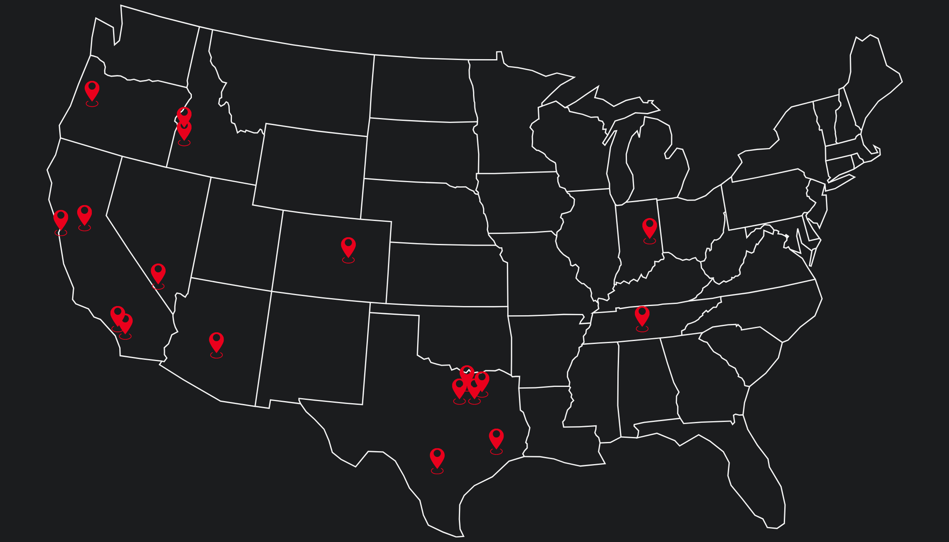 Map of the US with red location pins in the Southwest, California, and Texas.