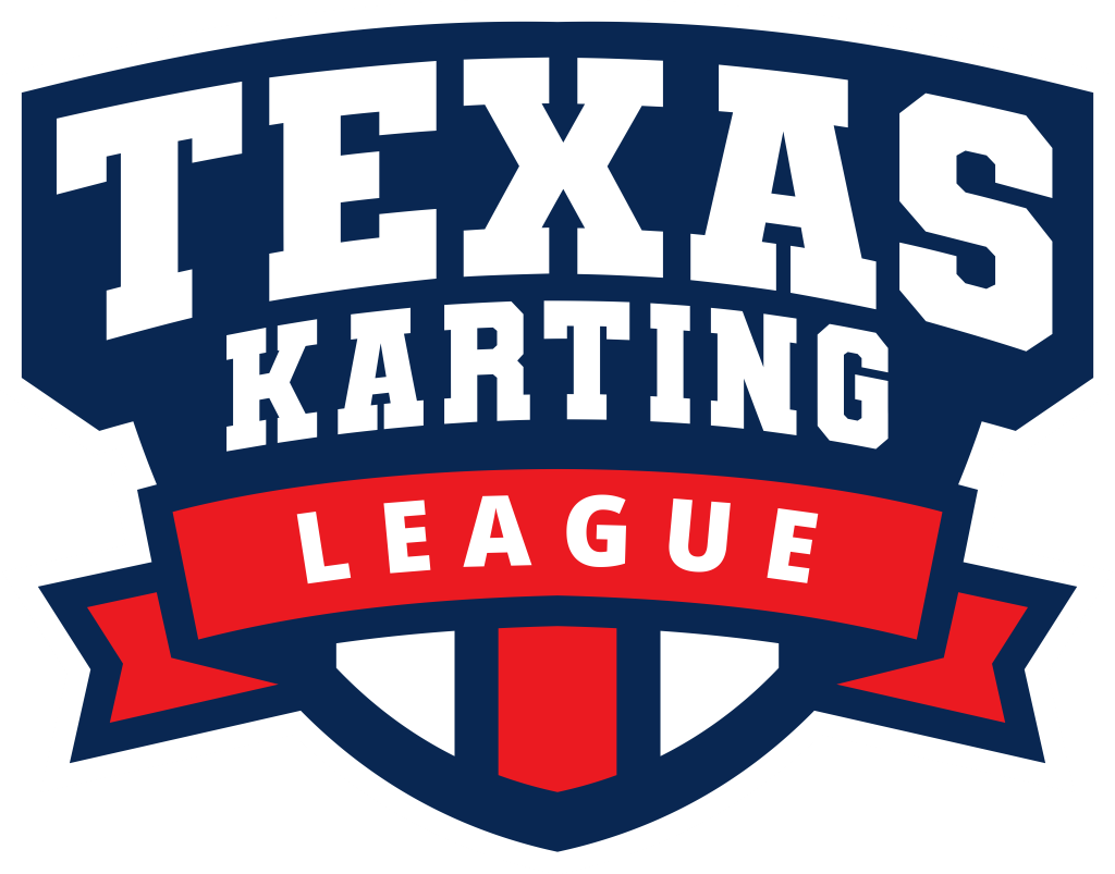 Texas Karting League logo: blue and red shield with white text.
