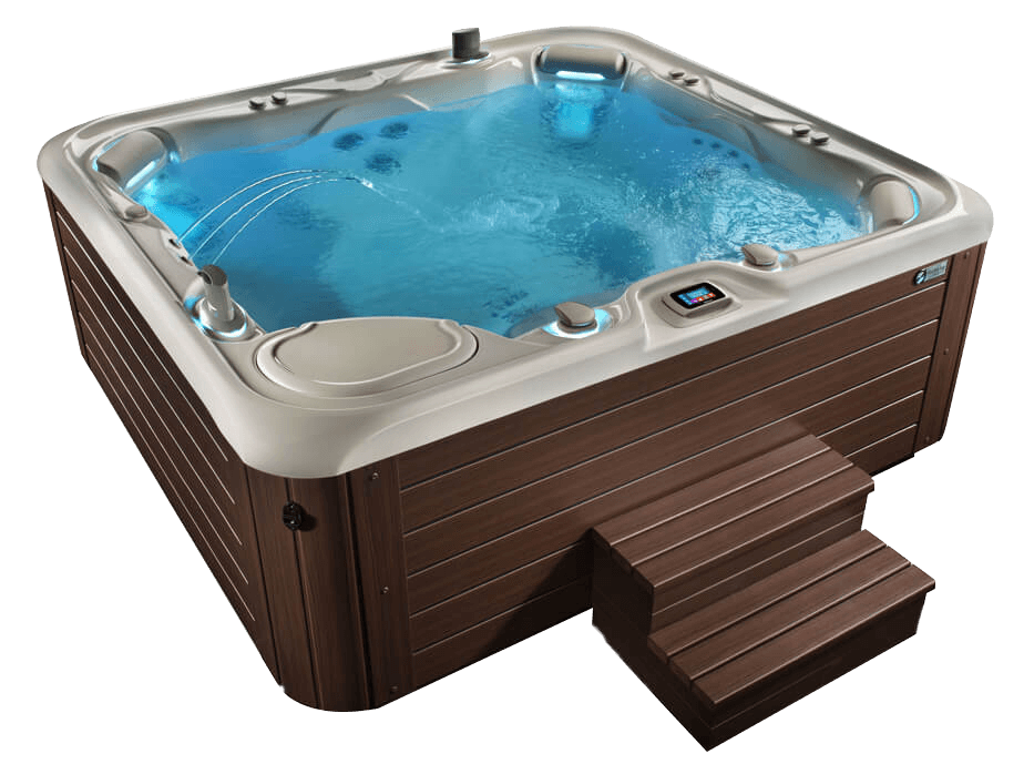 A hot tub with blue water and steps on a white background.