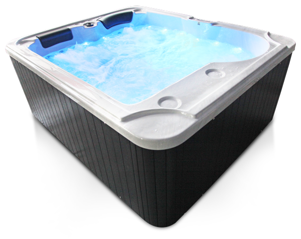 A black and white hot tub filled with blue water
