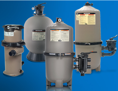 A group of swimming pool filters on a blue background