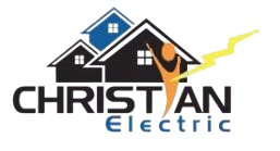 A logo for christian electric with houses and a lightning bolt