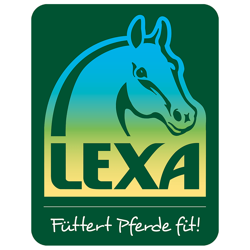 Ein Lexa-Logo mit einem blauen Pferd auf grünem Hintergrund
