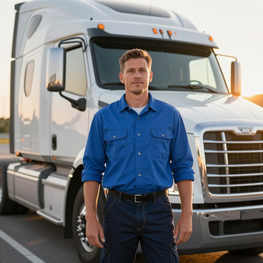 Truck driver standing beside a semi truck