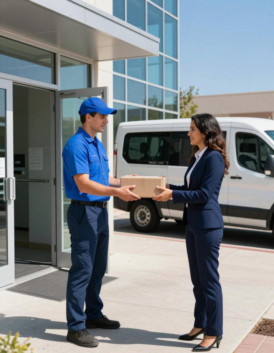 Professional courier driver making a delivery to a business client