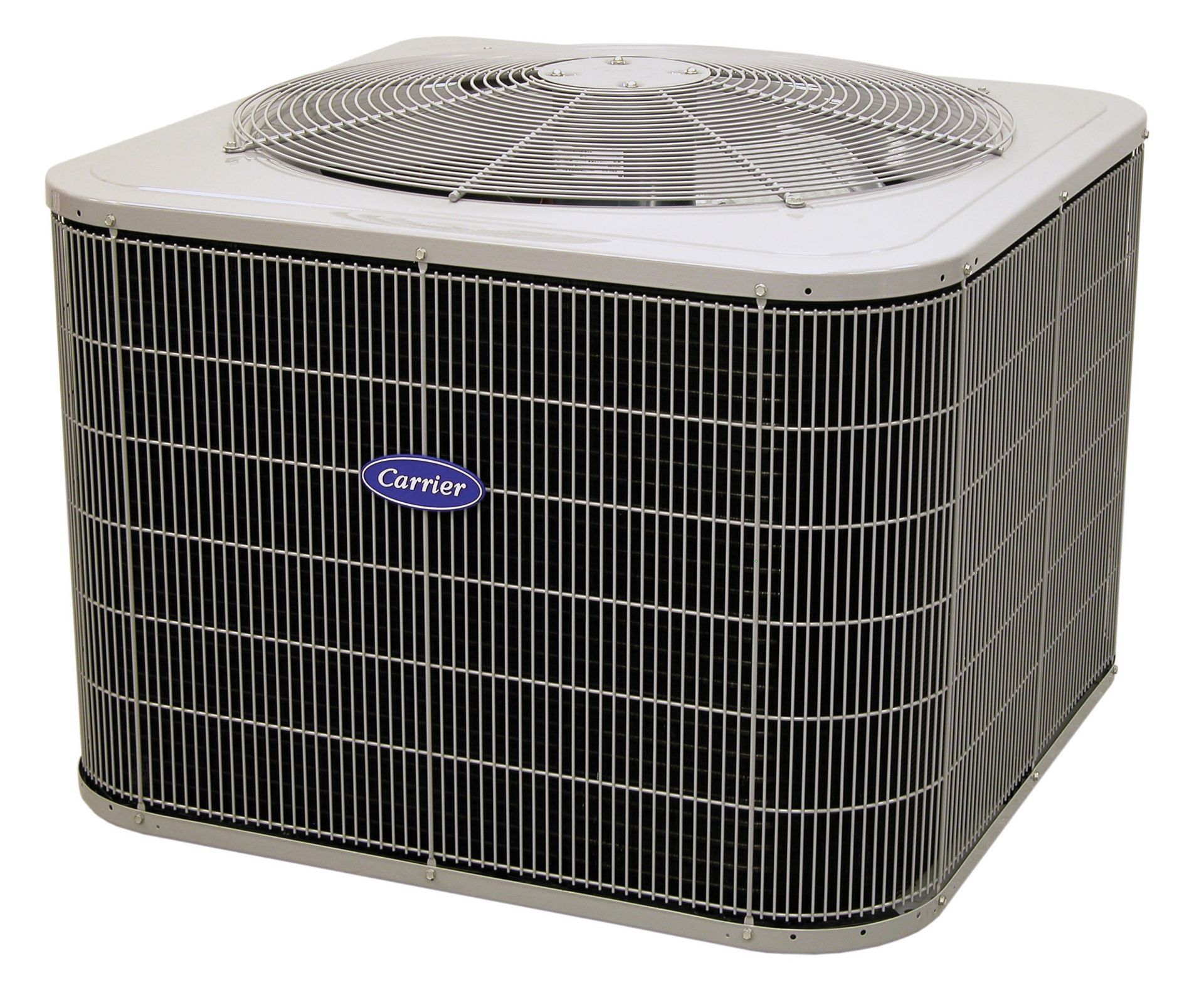 Carrier air conditioning unit, square metal box with a fan on top.