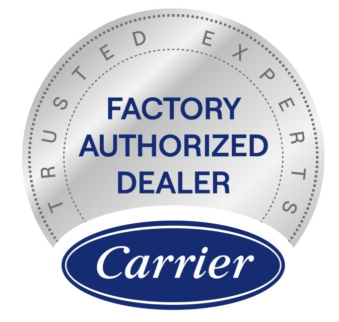 Carrier Factory Authorized Dealer badge, silver and blue, with text 