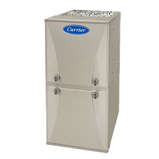 A Carrier furnace. Beige metal cabinet, two access doors, Carrier logo.