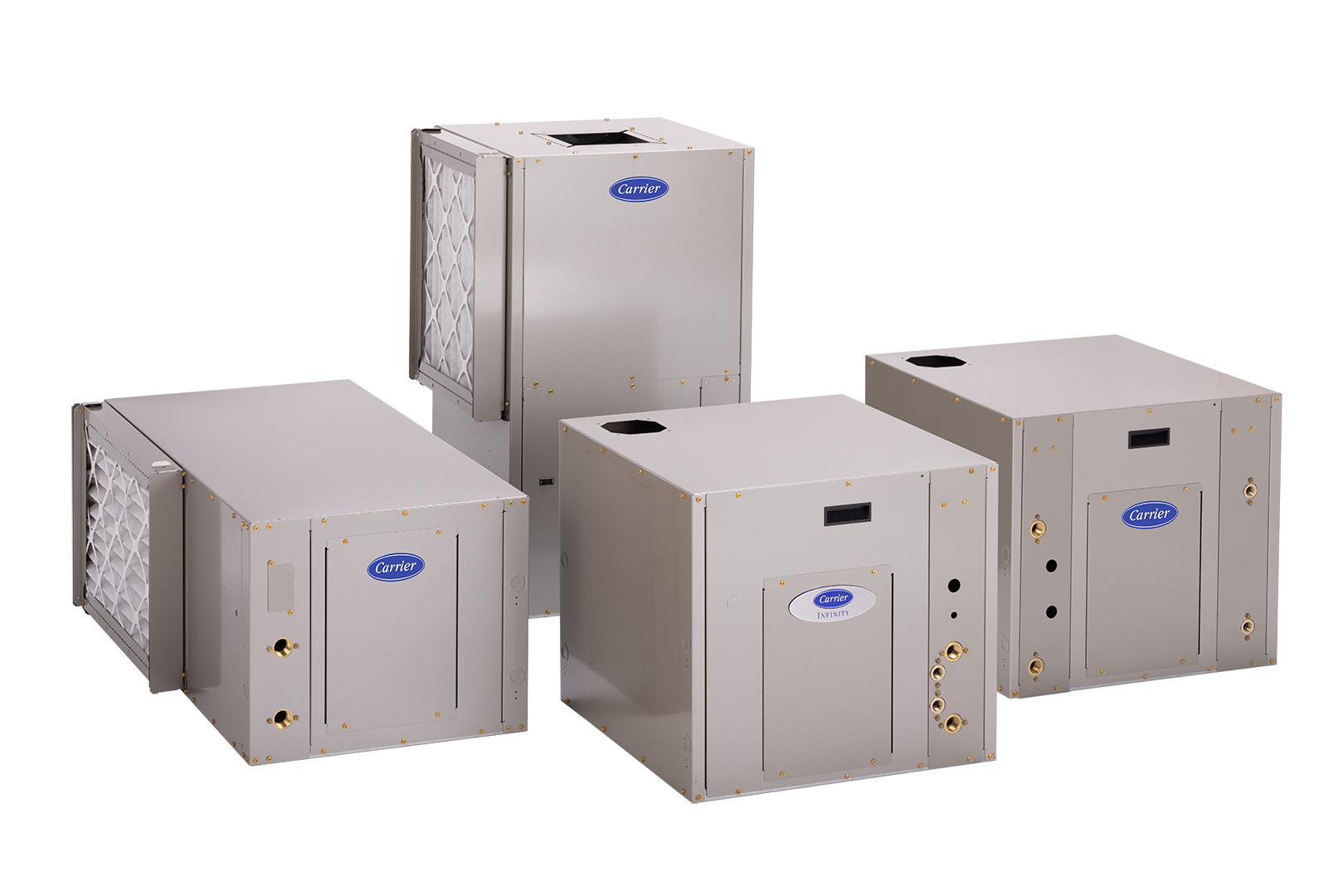 Four gray Carrier heat pump units, varying sizes, on a white background.
