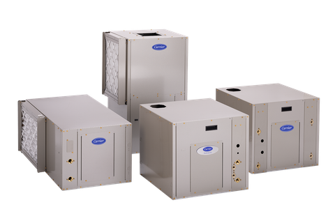 Four gray Carrier heat pump units, varying sizes, on a white background.