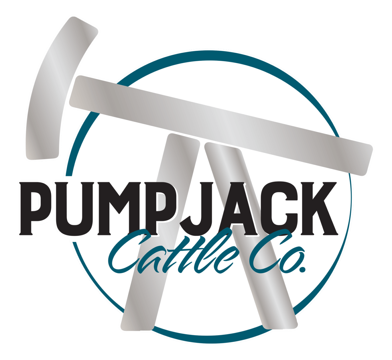 A logo for pumpjack cattle co. with a hammer in the middle