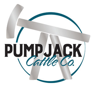 A logo for pumpjack cattle co. with a hammer in the middle