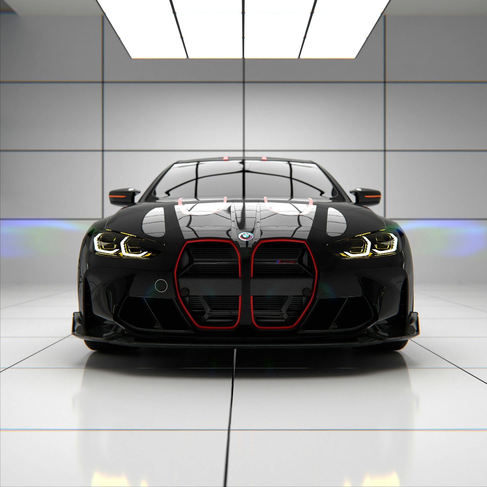 Black BMW M4 sports car in a modern white garage. Red accents on the grille and roof.