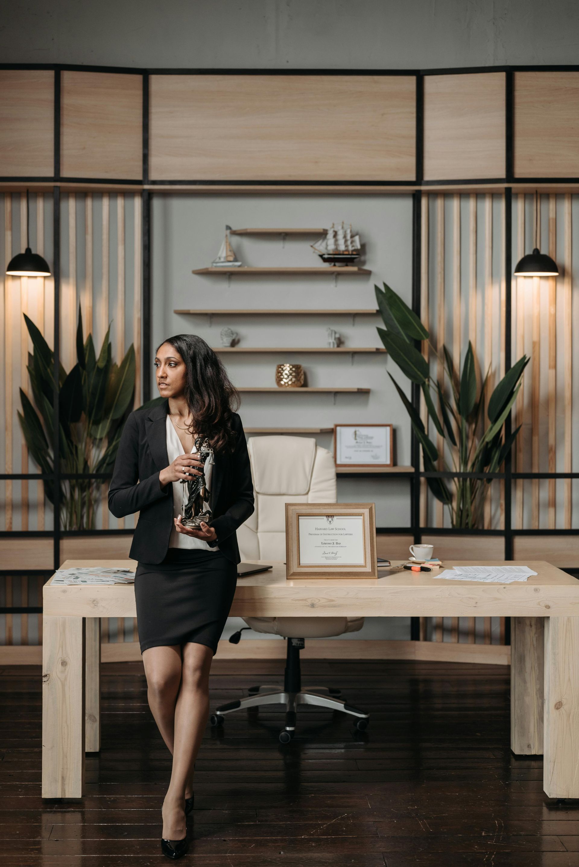 Woman in business attire leaning against a desk in an office setting.