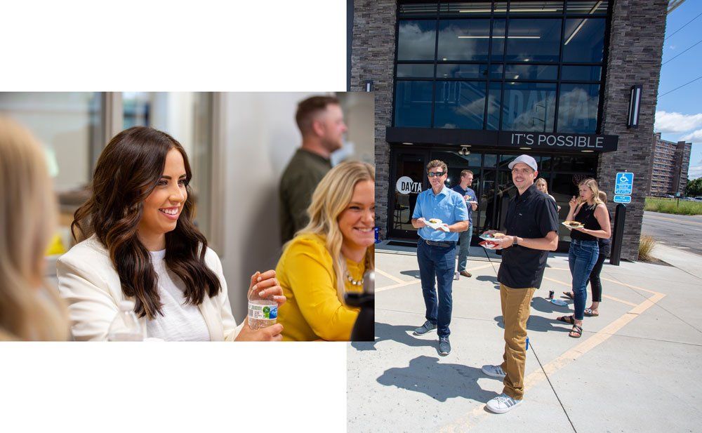 Dayta team members outside at a team lunch and interacting
