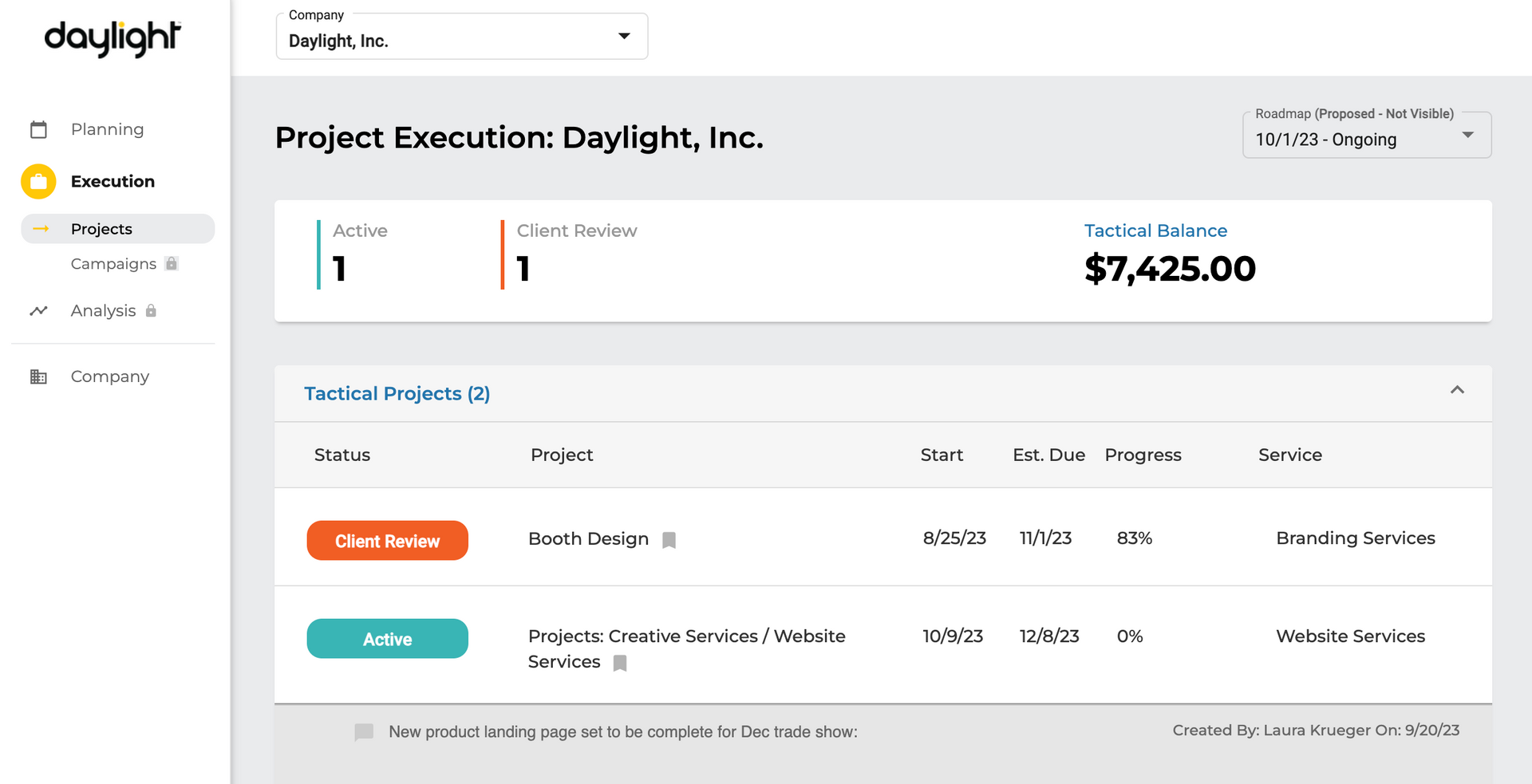 A screenshot of a website showing the project execution on daylight inc.