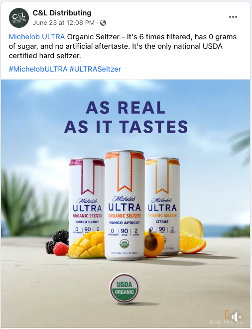 A facebook post about michelob ultra organic seltzer