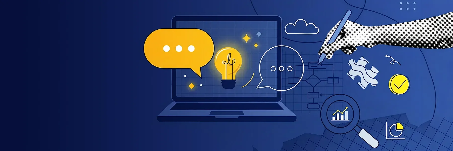 A dark blue background with digital icons, a glowing lightbulb on a laptop, a speech bubble, and a hand sketching a diagram.