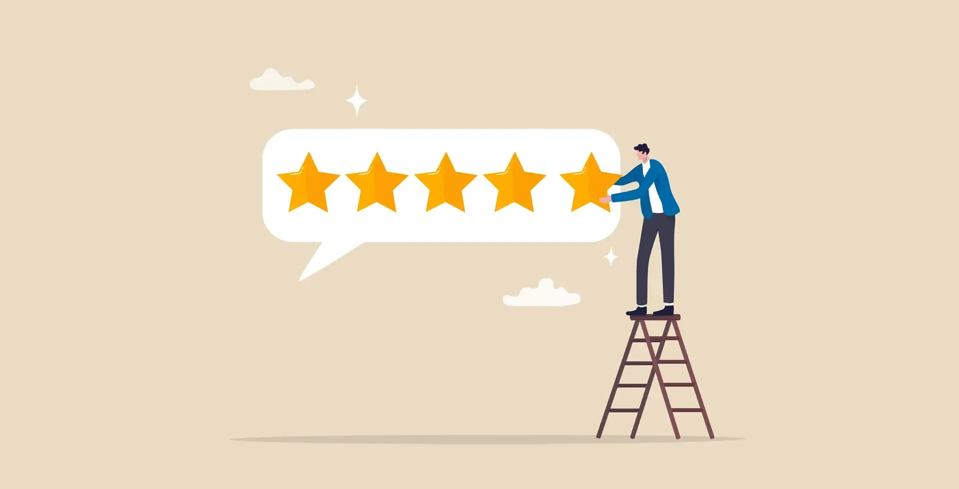 guy on ladder putting up star in 5-star review bubble