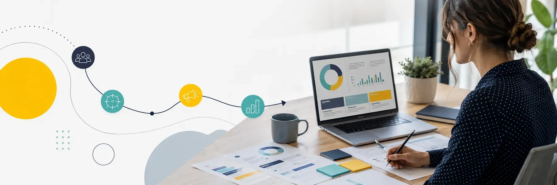 Person working at a desk with a laptop showing charts, a coffee mug, and a colorful timeline graphic on the wall