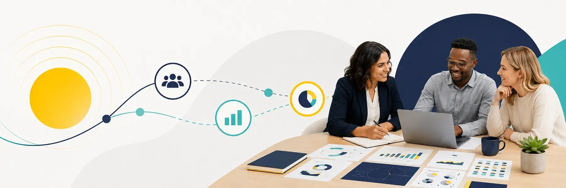 People collaborating around a table with charts and documents, connected by a dotted path and icons on a white background