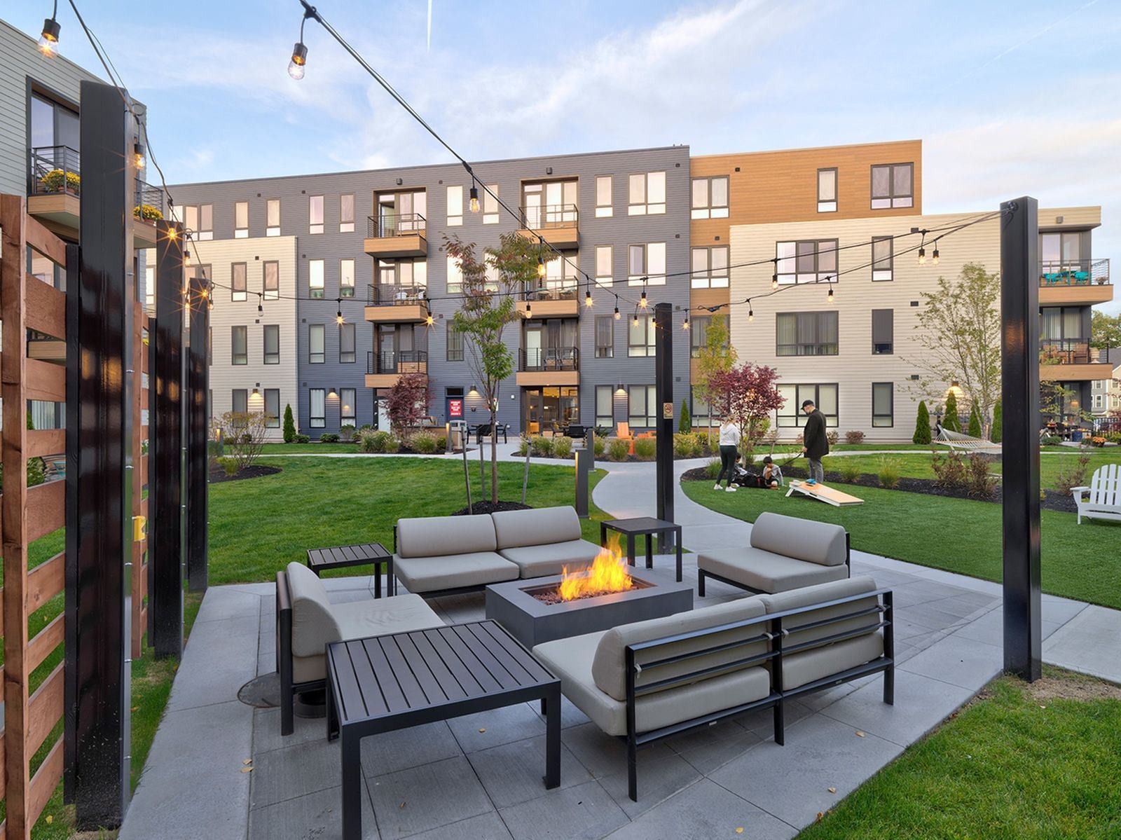 West End Yards outdoor lounge with fire pit and seating areas in Portsmouth, NH.