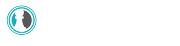 A blue and black logo in a circle on a white background.