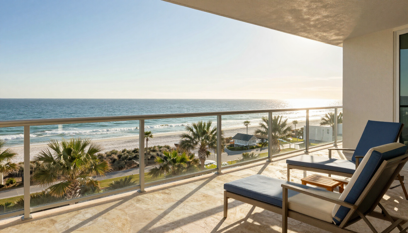 A luxury Myrtle Beach vacation rental balcony overlooking the Atlantic Ocean.