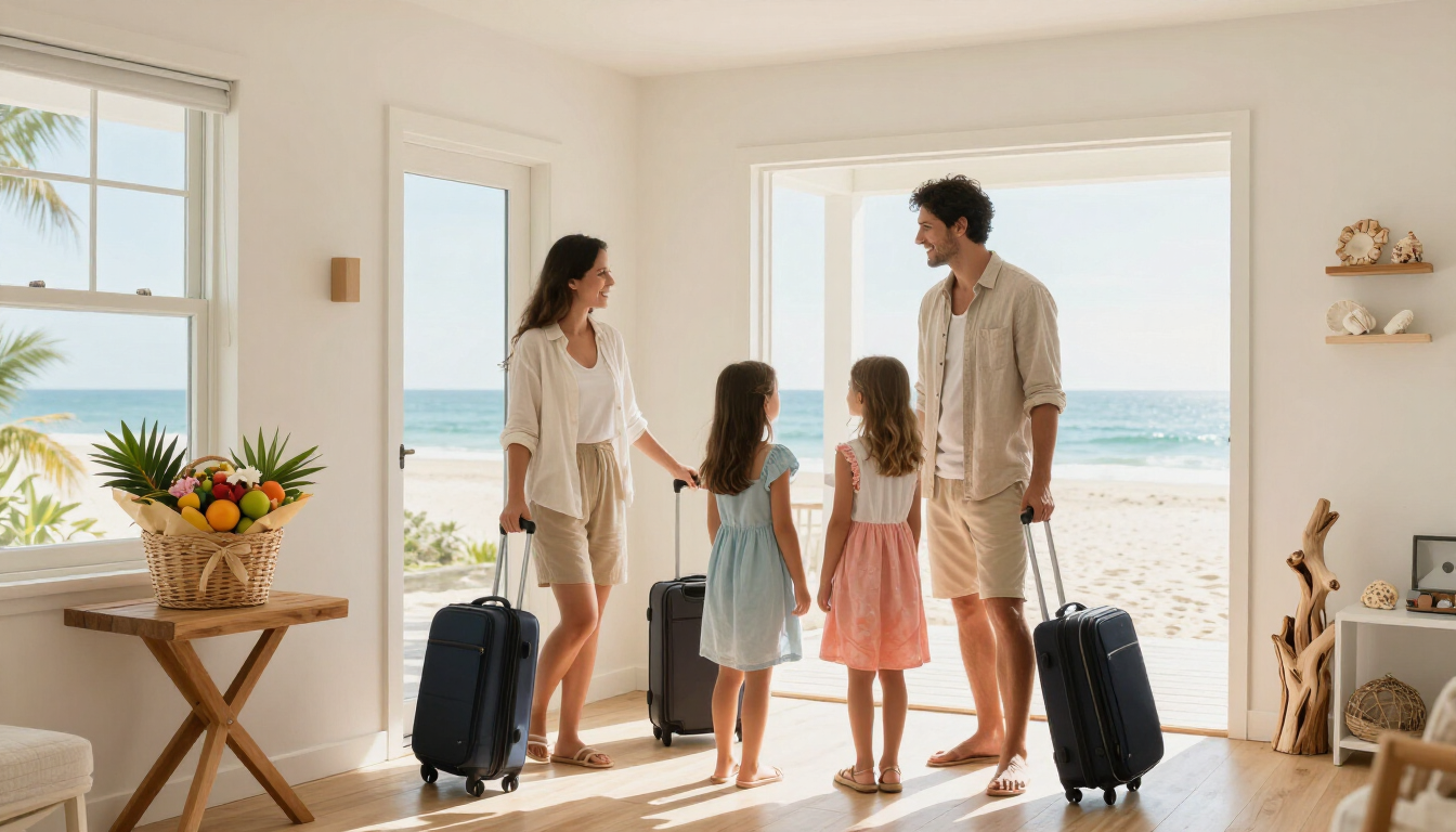 Happy family checking into a beach home
