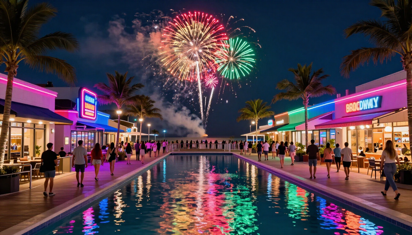 Vibrant night scene at Broadway at the Beach in Myrtle Beach, SC.