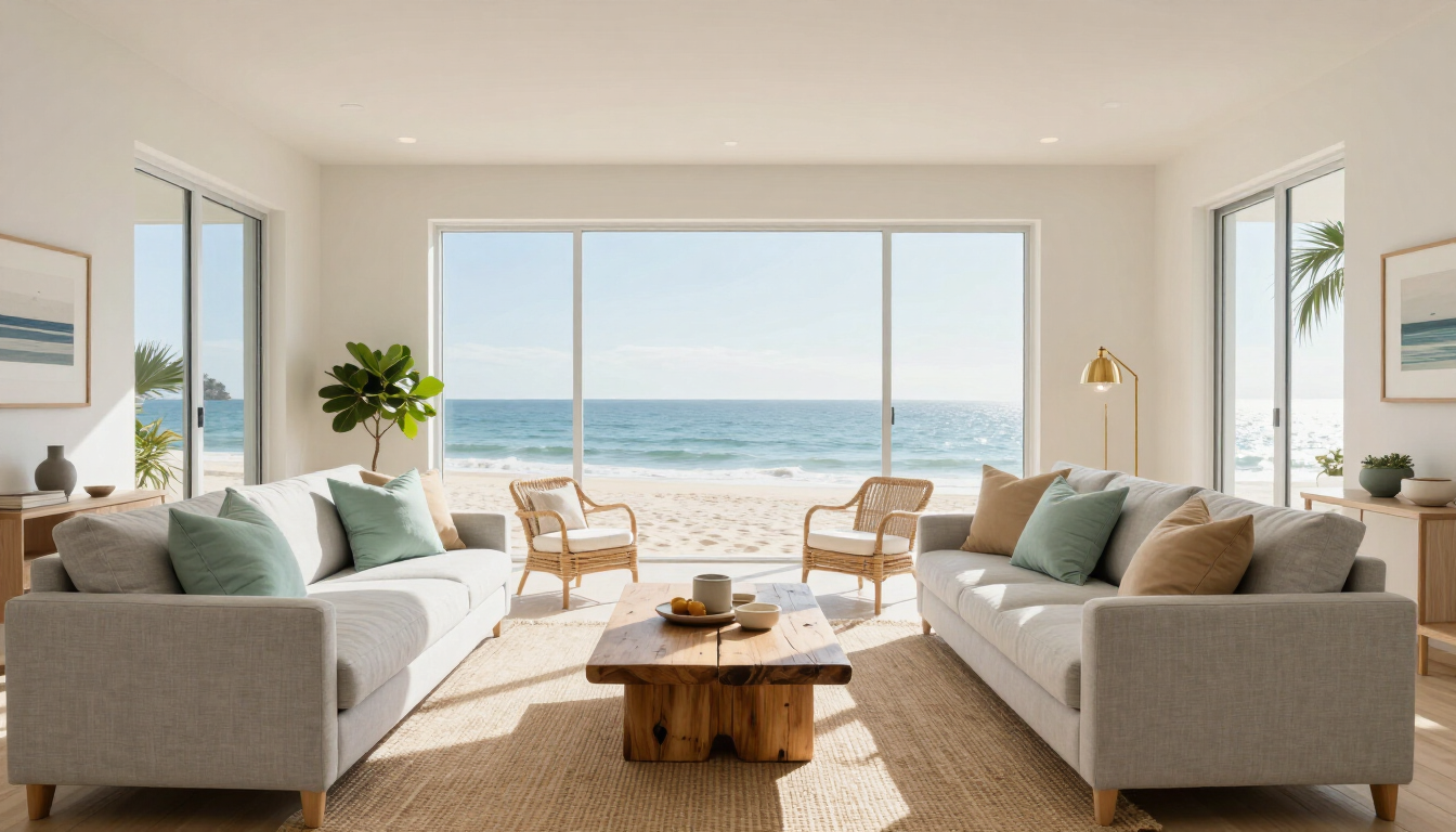 Modern beach rental interior with ocean view