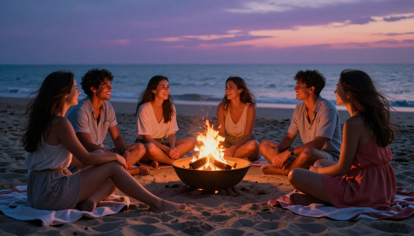 Friends enjoying a beach fire
