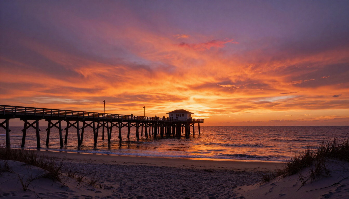 A vibrant sunset over a Myrtle Beach pier and the Atlantic Ocean.