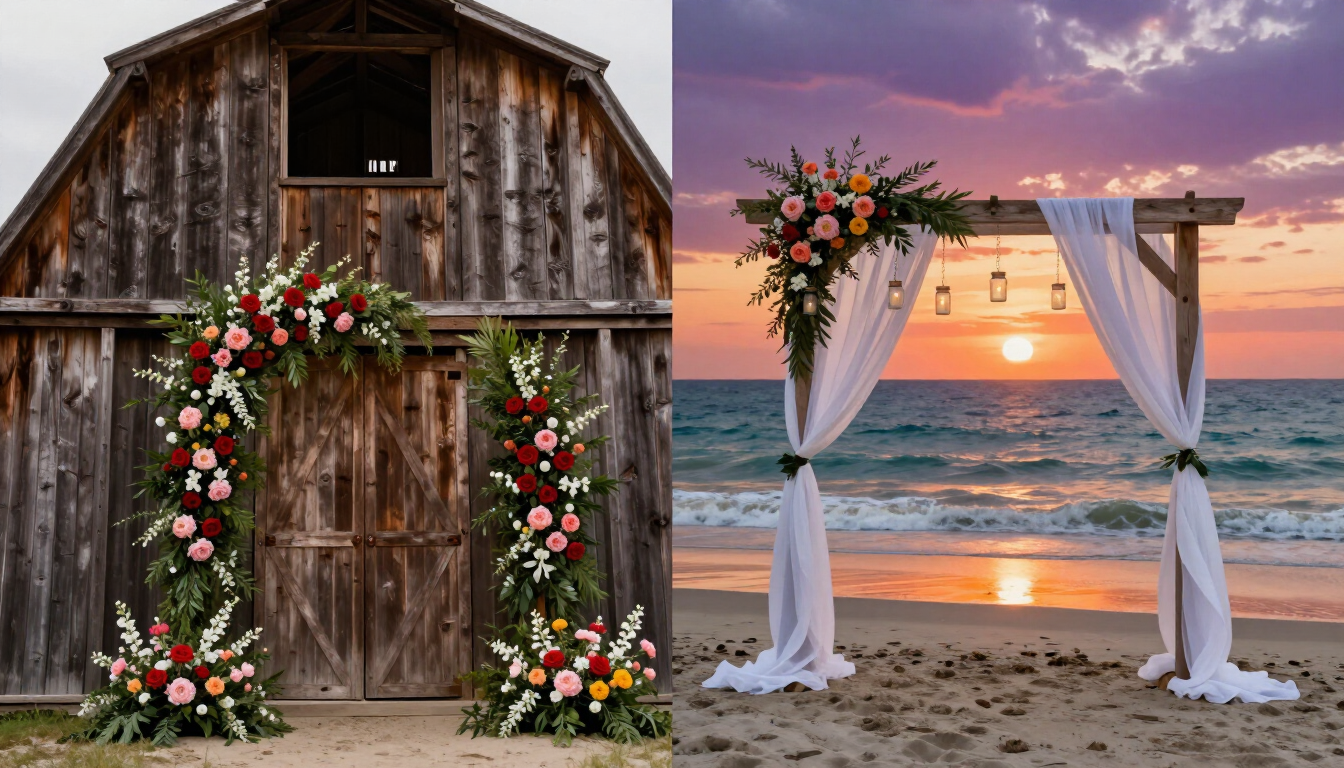 A split image showing a rustic barn wedding setup and a beautiful beach wedding ceremony in Myrtle Beach.