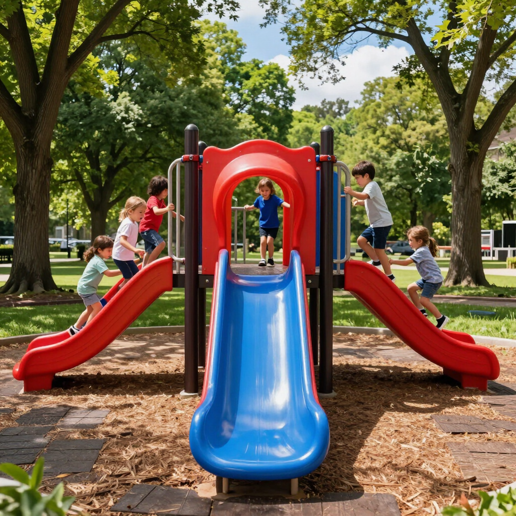 A modern playground and sports fields surrounded by pine trees in North Myrtle Beach.
