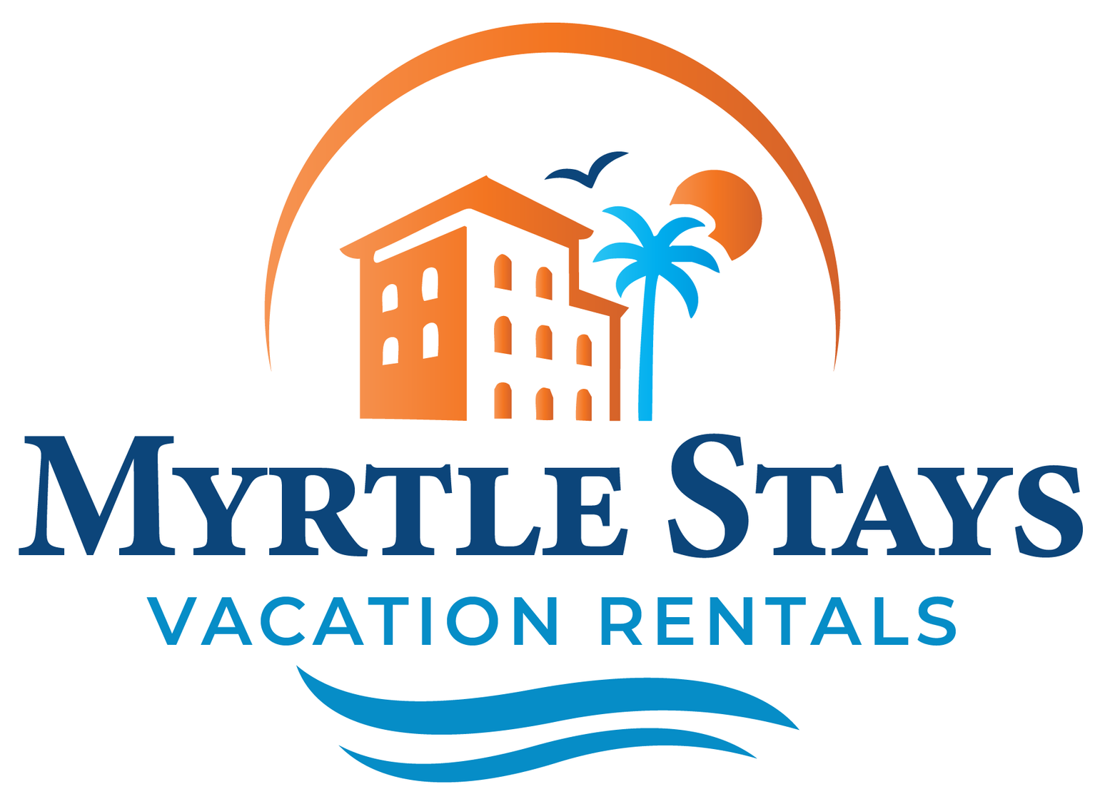 Myrtle Stays Vacation Rentals logo with orange building, blue palm trees, and ocean waves