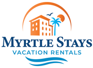 Myrtle Stays Vacation Rentals logo with orange building, blue palm trees, and ocean waves
