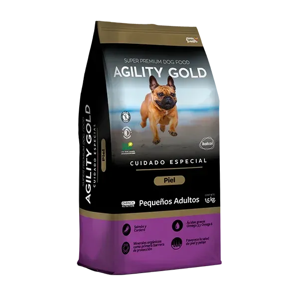 Bolsa de alimento para perros Agility Gold para perros adultos pequeños, con un Bulldog Francés en el frente.